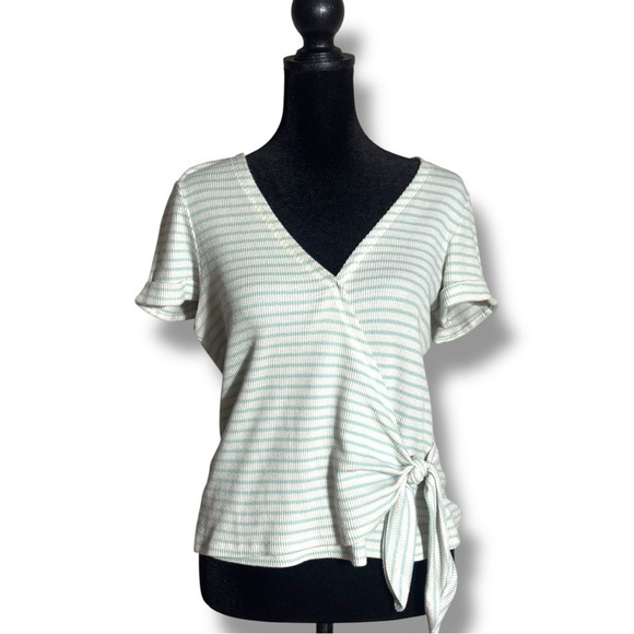 Copper Key V-Neck Short Sleeve Rib Knit Front Tie Green and White Striped Top - Picture 2 of 16